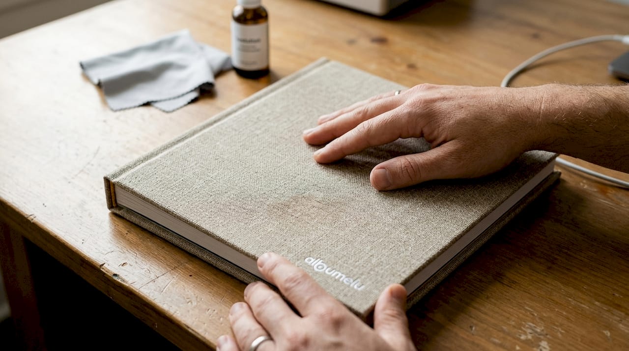 Două mâini analizează atent coperta ecologică a unui caiet, așezat pe birou.