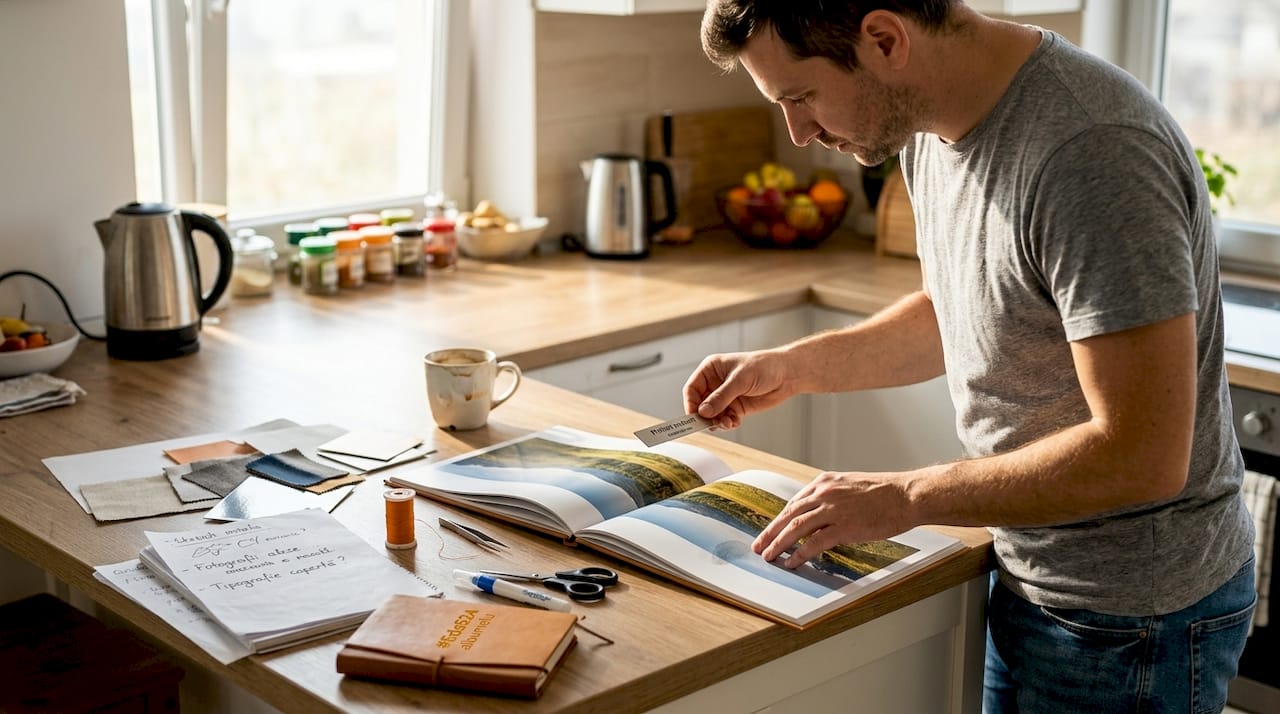Bărbat care completează albumul foto cu detalii personale