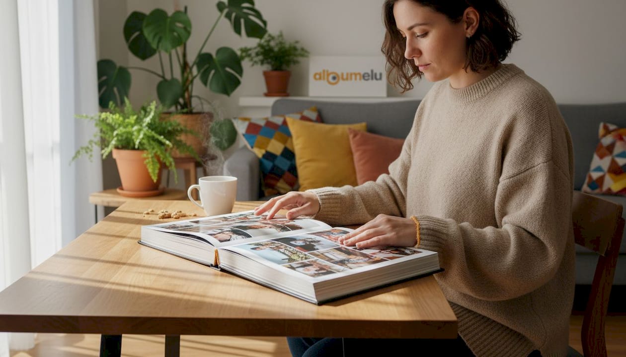 O femeie stă la masă și răsfoiește un album cu fotografii, pierdută în amintiri.