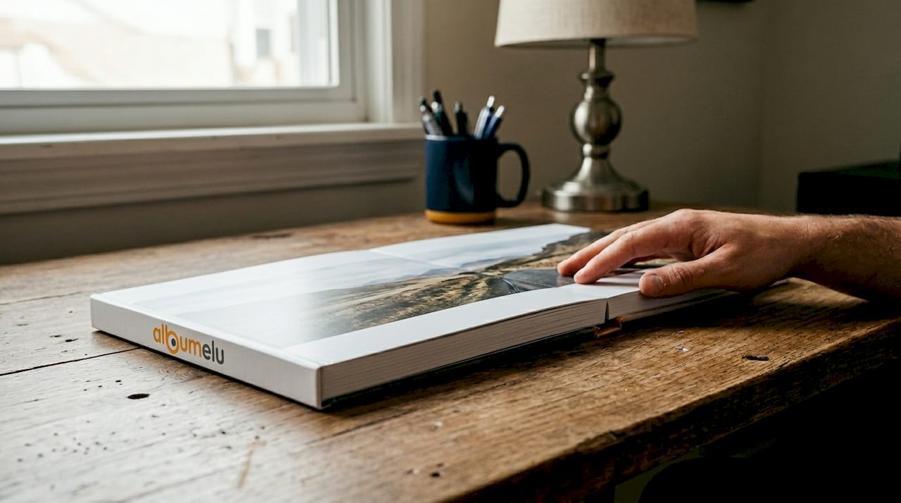 O mână care ține un album layflat, evidențiind grosimea acestuia în detaliu.