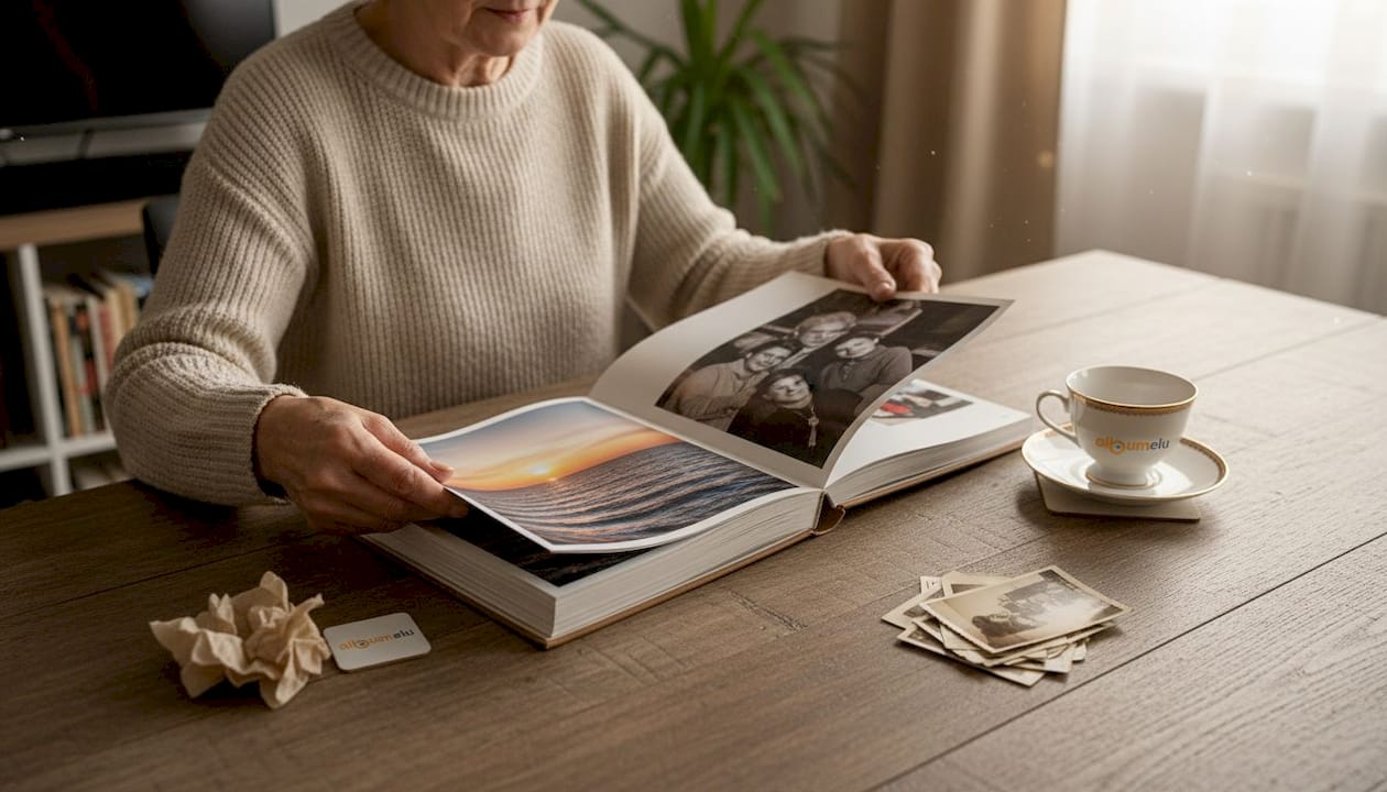 O persoană stă la masa din sufragerie și răsfoiește cu nostalgie un album de fotografii vechi.