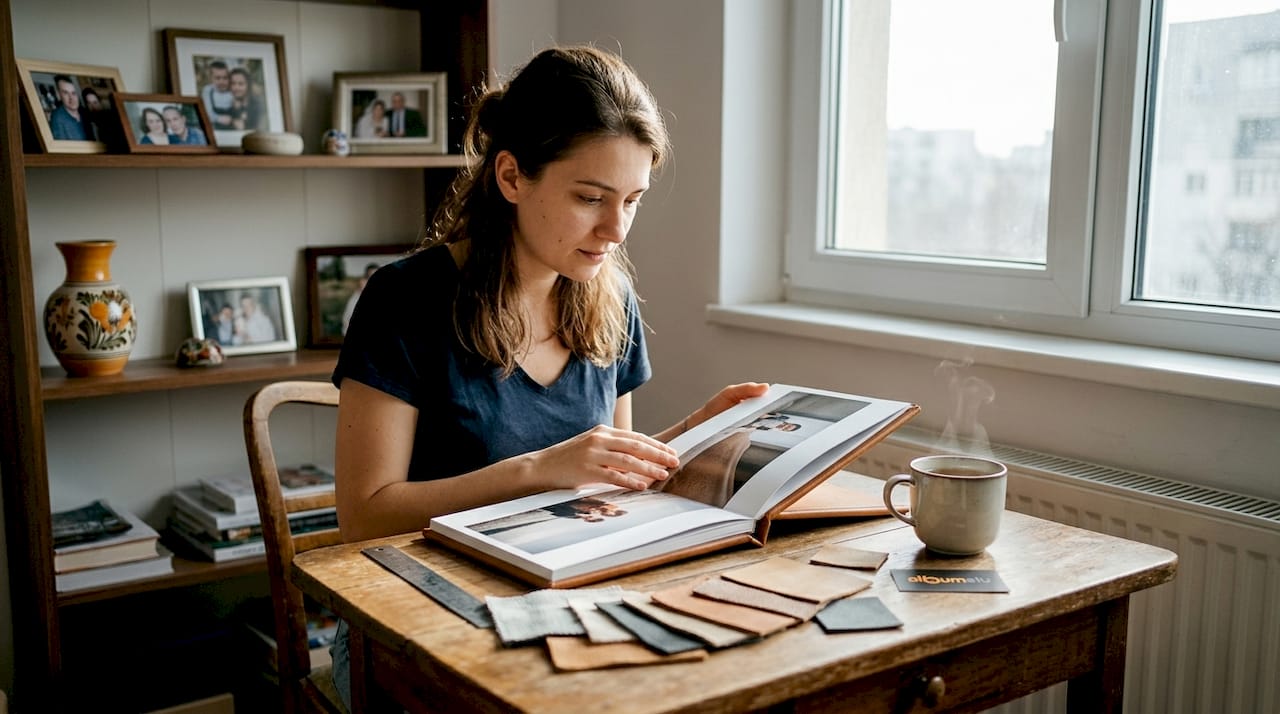 O persoană analizează și compară tipurile de materiale folosite pentru coperțile albumelor foto, încercând să aleagă varianta care i se potrivește cel mai bine.