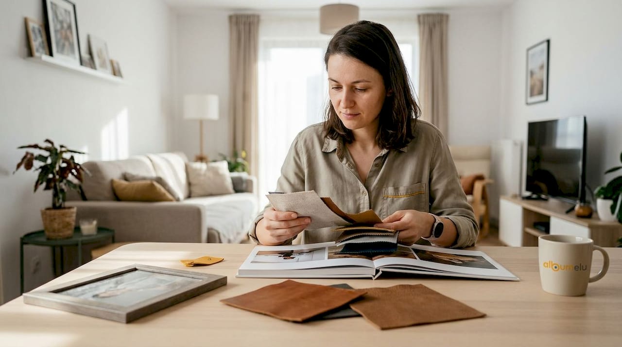 O femeie examinează diverse modele de coperți pentru un album foto, căutând varianta care i se potrivește cel mai bine.