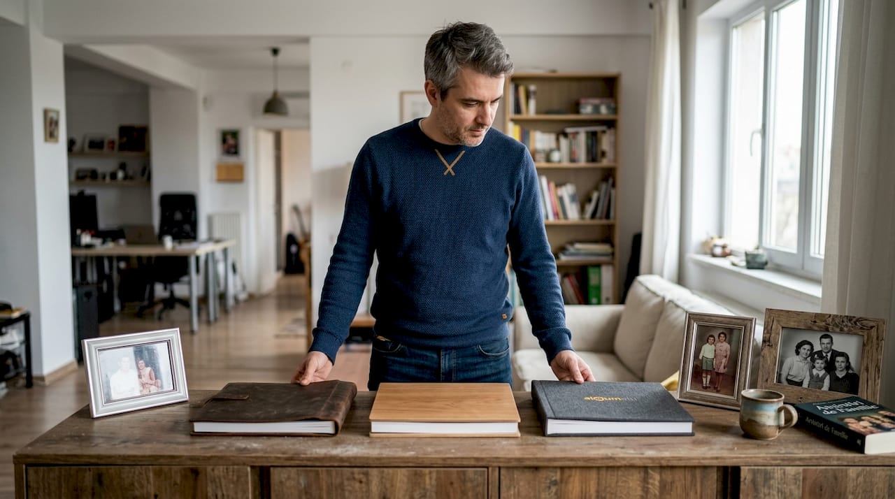 Un bărbat răsfoiește și compară trei albume, fiecare având o copertă diferită.