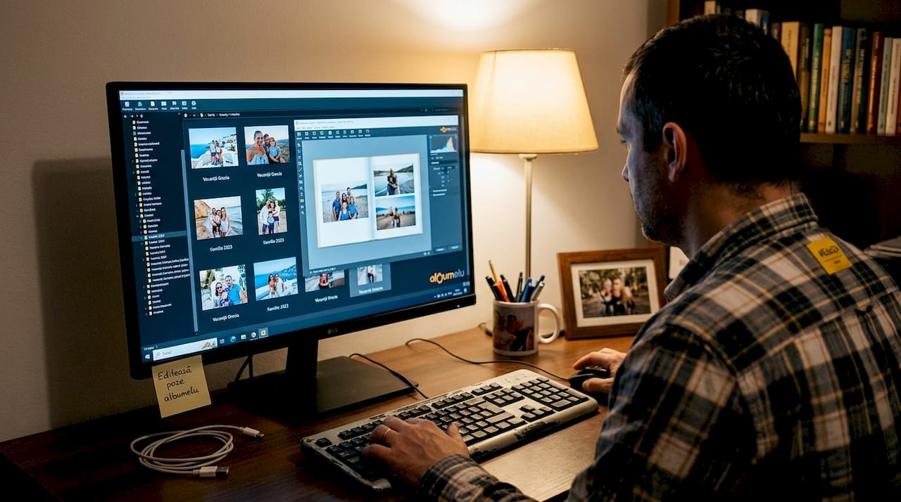 Un bărbat își organizează fotografiile pe calculator, lucrând de la biroul său de acasă.