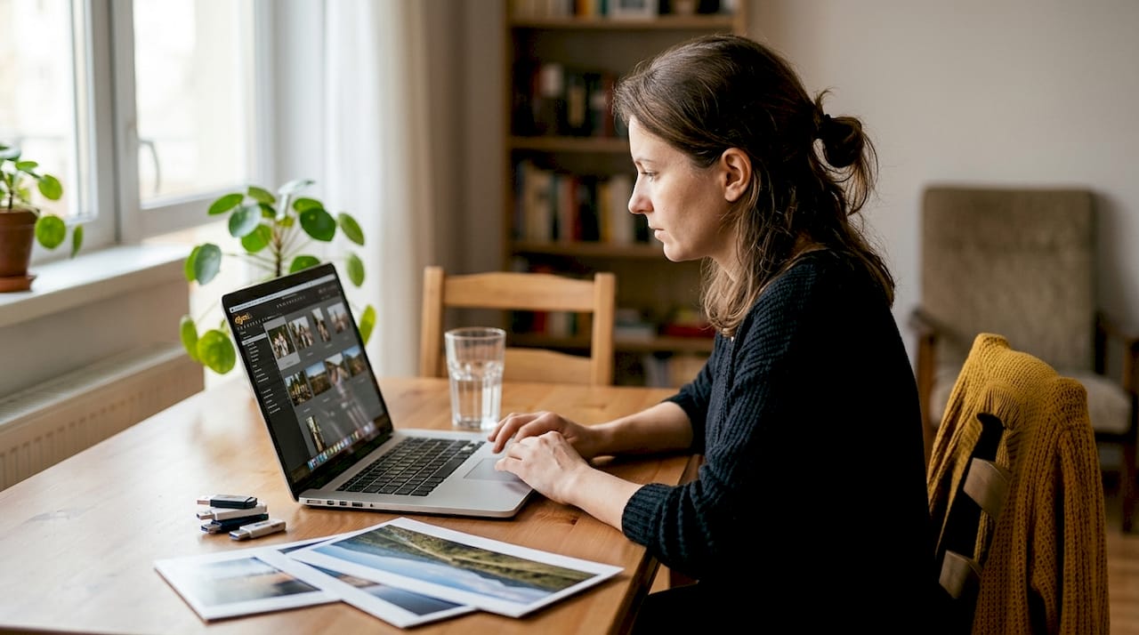 O femeie își alege pozele pe laptop, stând liniștită acasă.