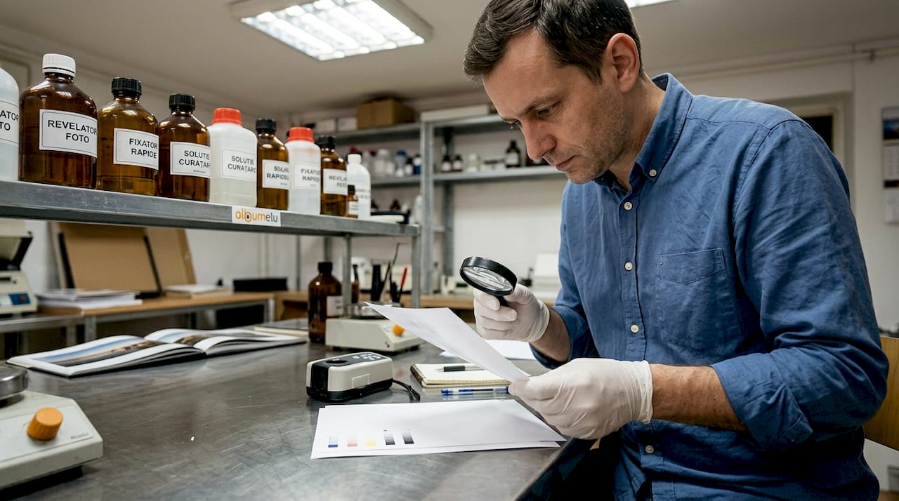 Un tehnician verifică atent o hârtie specială, fără acid, pentru a se asigura că respectă toate standardele de calitate.