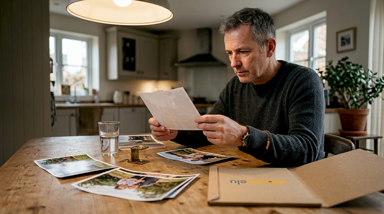 Bărbat alegând fotografia reprezentativă pentru coperta albumului