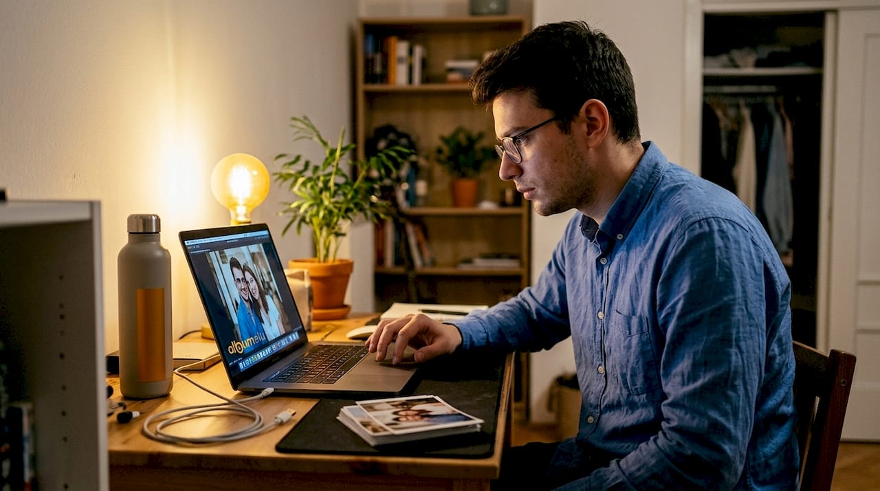 Un bărbat verifică cât de clare și bine realizate sunt fotografiile pe laptopul său.