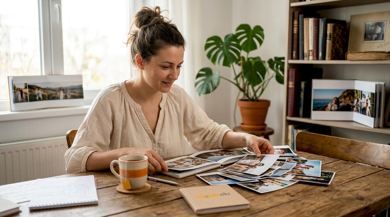 O femeie răsfoiește și alege poze la masa din sufragerie.