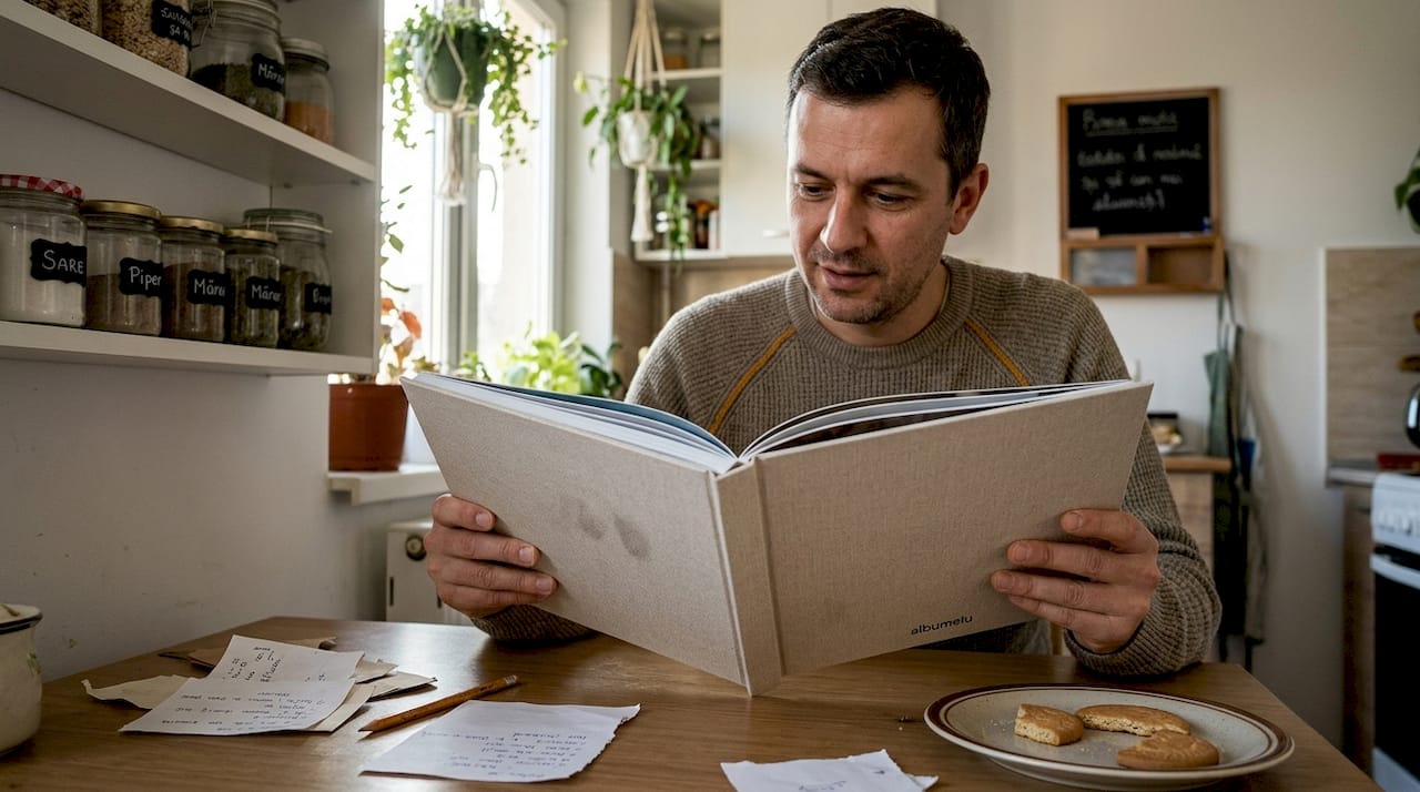 Un bărbat răsfoiește un album foto cu copertă tare.