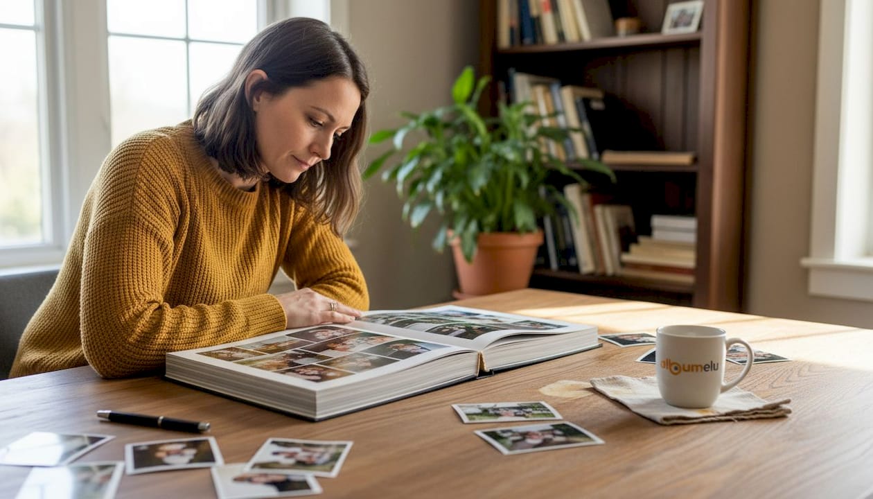 O femeie răsfoiește un album cu fotografii, în căutarea unui cadou potrivit.