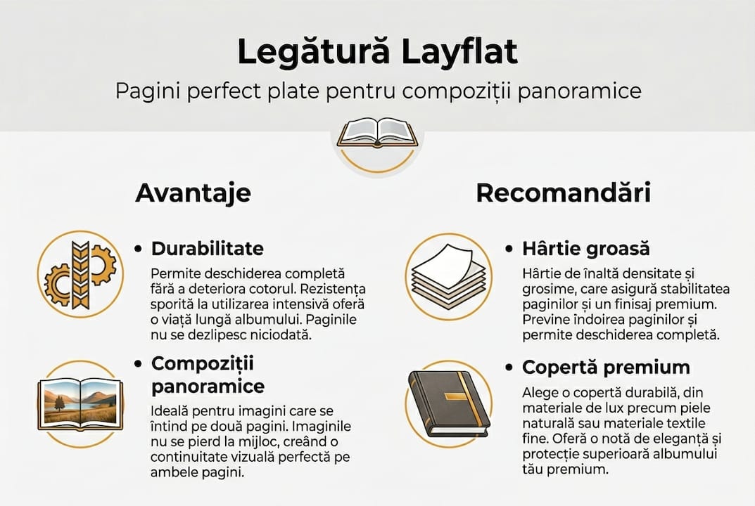 Infografic: cum funcționează legătura tip layflat la albumele foto