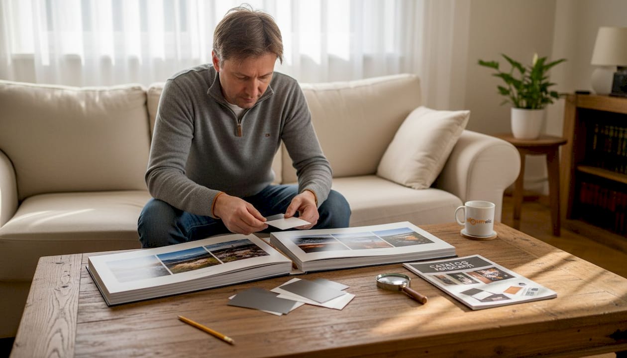 Un bărbat analizează materiale pentru a pregăti un nou album