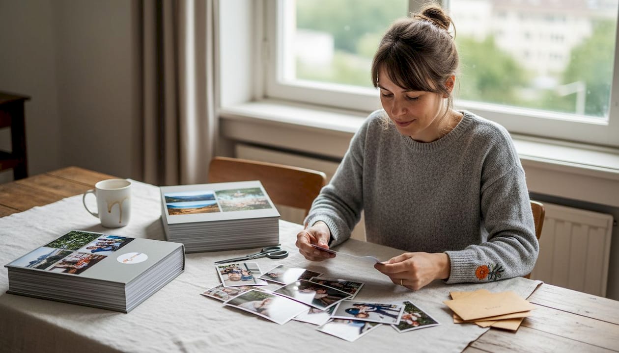 Femeie care își alege cu grijă fotografiile pentru un album foto deosebit