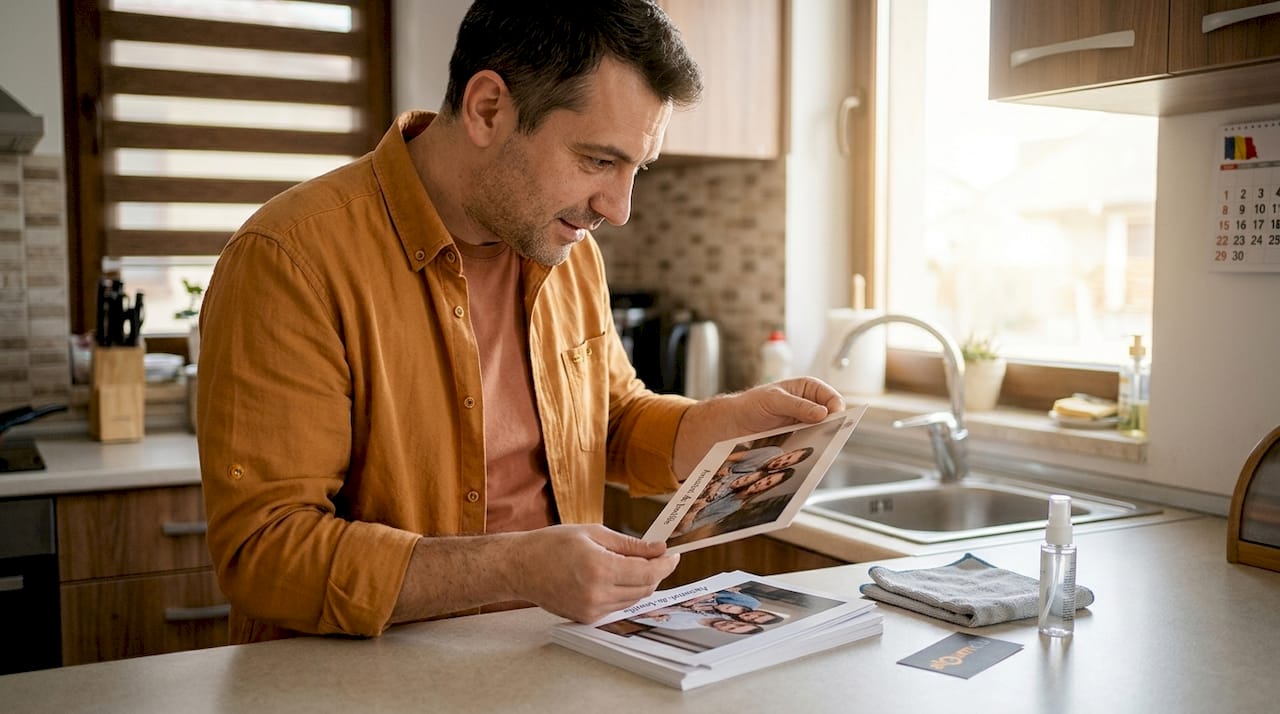 Un bărbat analizează cu atenție o fotografie tipărită pe hârtie cu strat de rășină, chiar la tejghea.