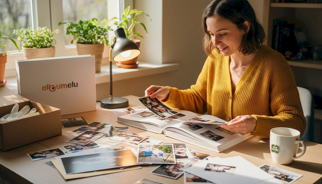 O persoană alege și organizează fotografii imprimate pe hârtie lucioasă, mată și satinată.