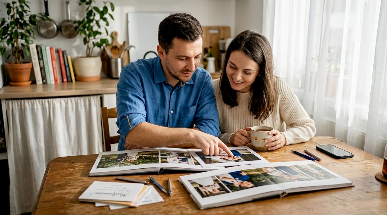Un cuplu răsfoiește acasă pozele de la ședința foto de nuntă, alegând împreună cele mai frumoase imagini.