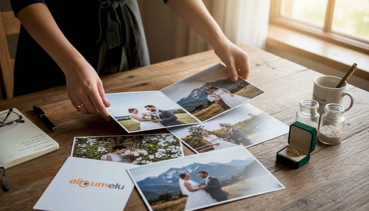 Mâini răsfoind și aranjând fotografiile de la nuntă pe masă