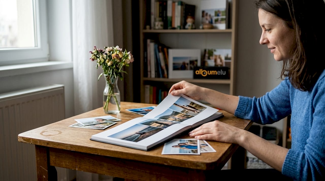 O femeie stă în sufragerie și răsfoiește cu nostalgie un album cu fotografii vechi.