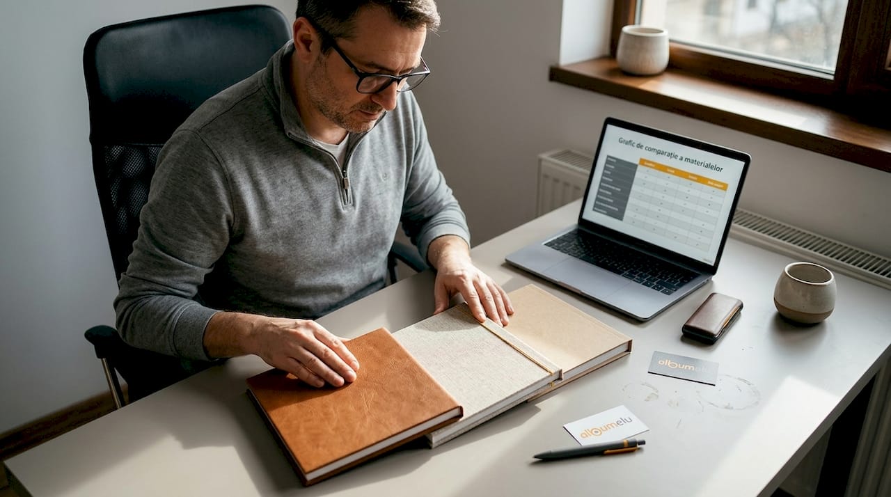 O persoană analizează mostrele de materiale pentru coperta unui album.