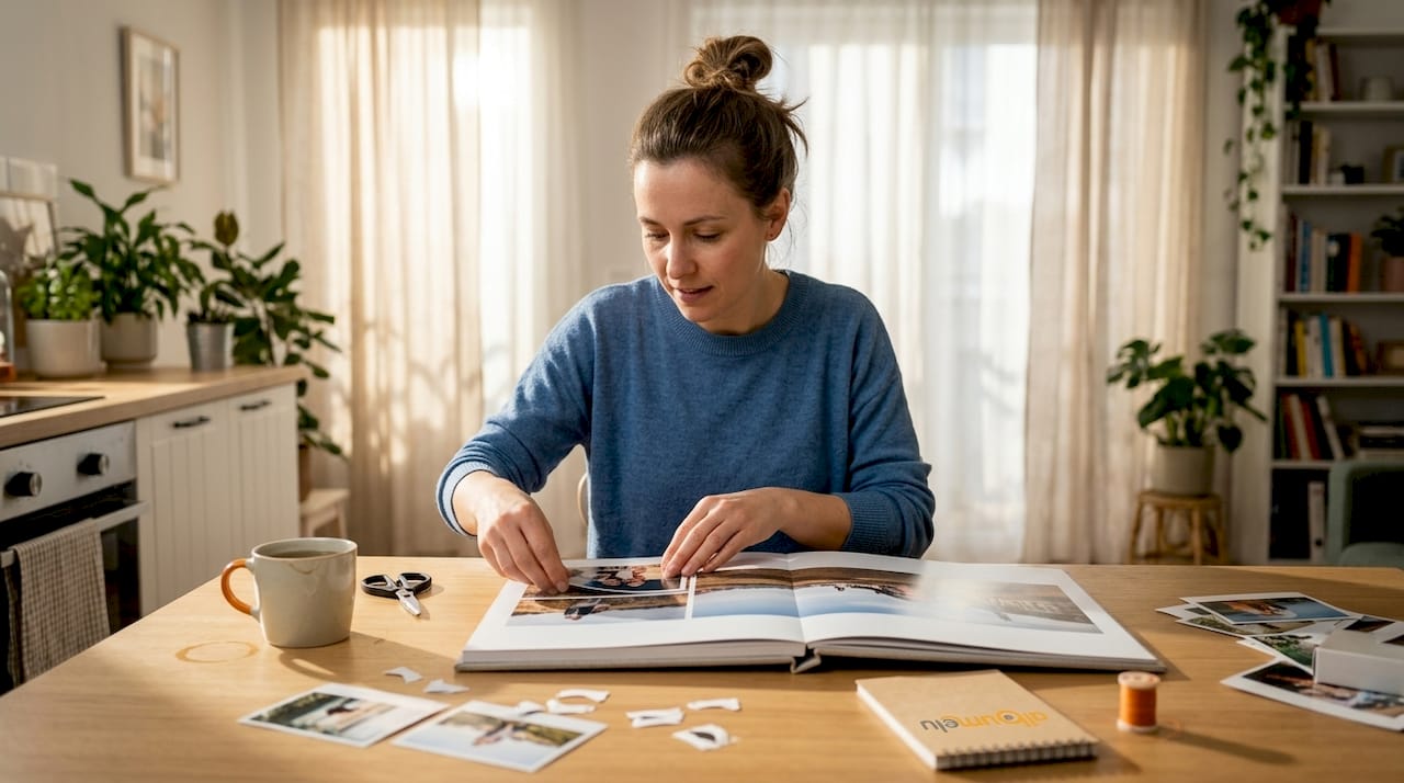 Femeie care aranjează fotografii pe coperta unui album