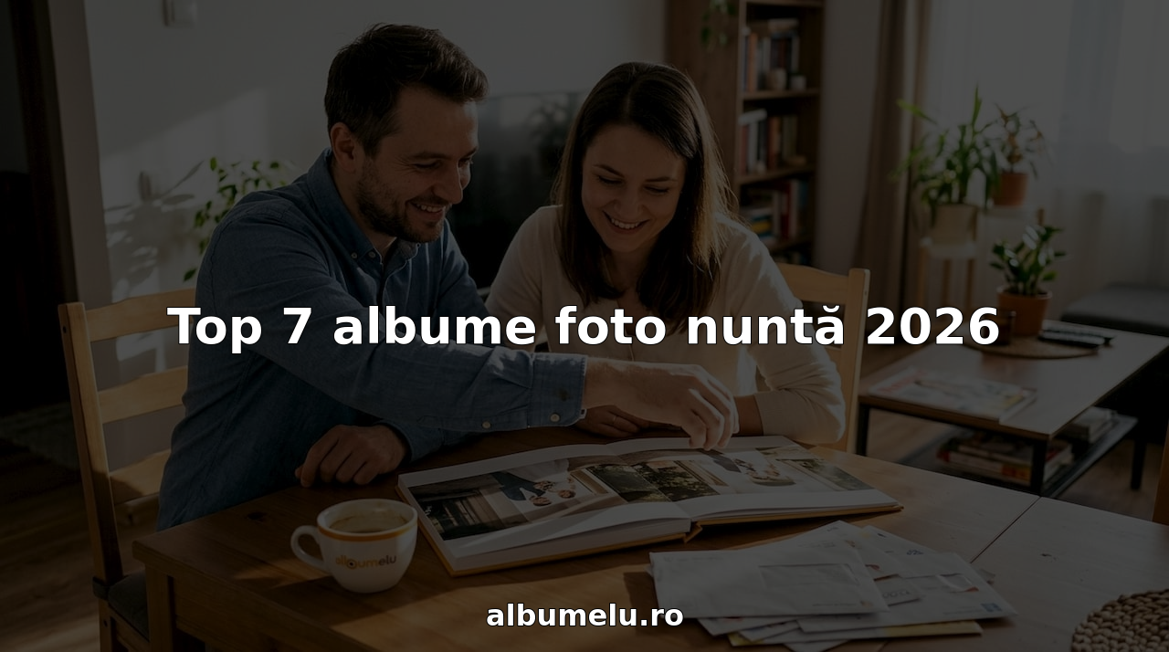 Un cuplu răsfoiește împreună albumul foto de nuntă, bucurându-se de cele mai frumoase amintiri surprinse în imagini deosebite.