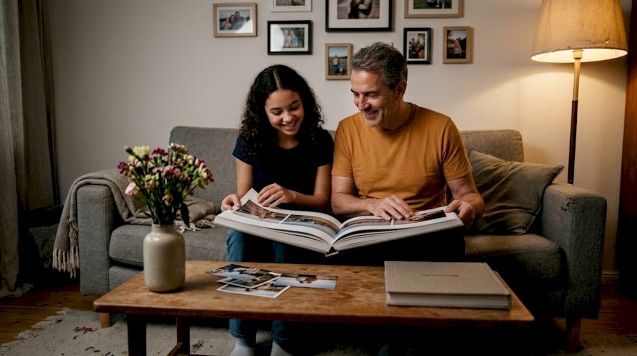 O familie se adună în jurul unui album foto elegant, răsfoind amintiri prețioase împreună.