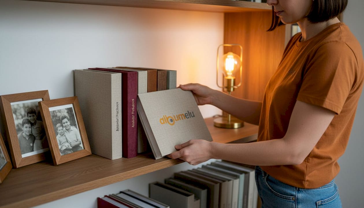 O femeie așază albume cu copertă tare pe raft.