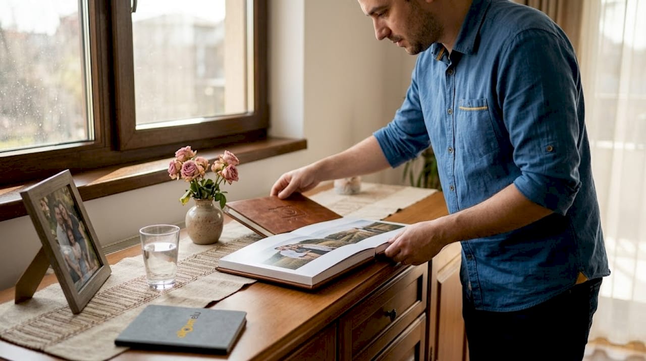 Un bărbat așază pe comoda din sufragerie albumul foto personalizat de la nunta lor.