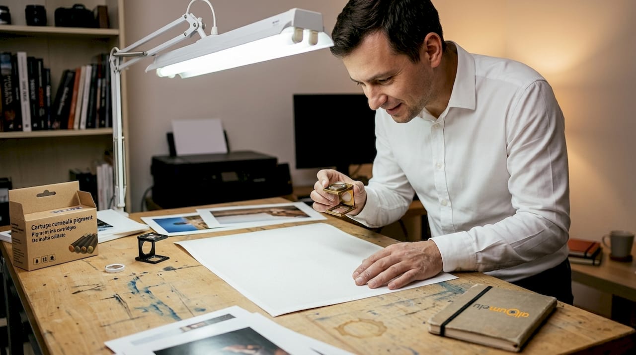 Tehnicianul verifică calitatea hârtiei fotografice pentru arhivare