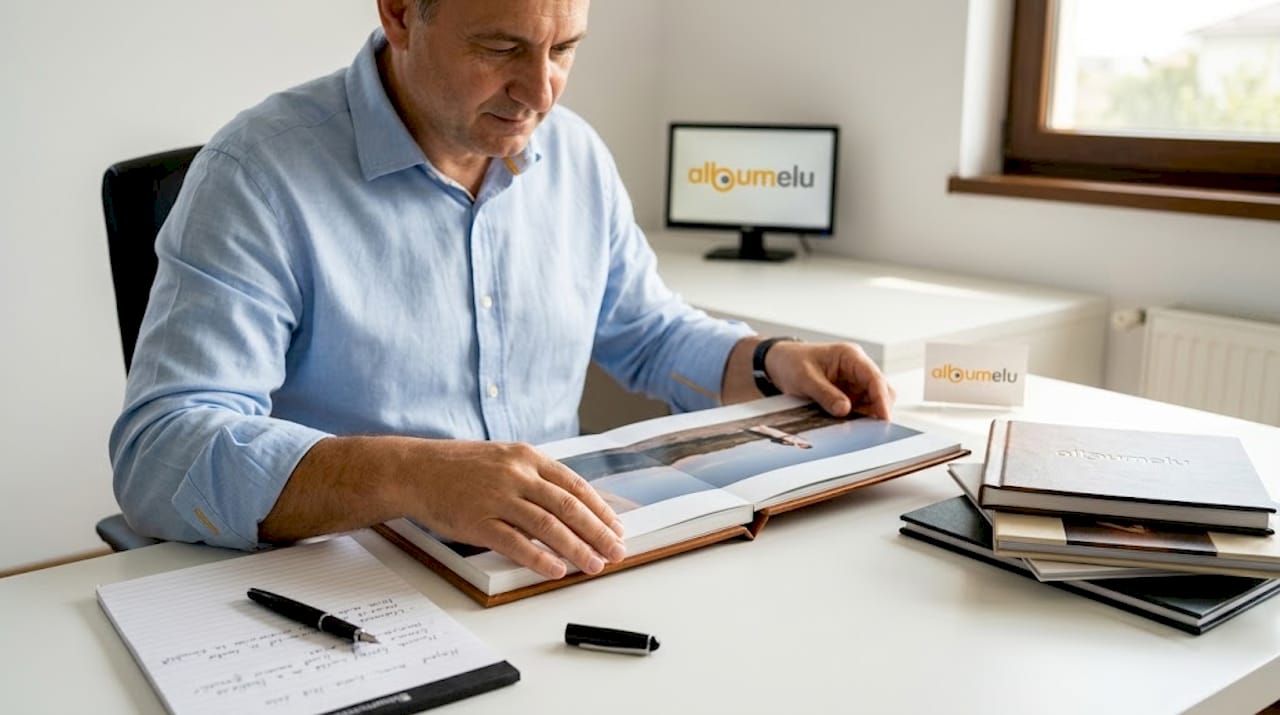 Bărbat analizând cu atenție finisajul unui album foto de lux