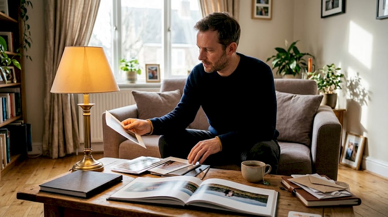 Un bărbat analizează diferențele dintre hârtia foto lucioasă și cea mată, încercând să decidă care variantă îi pune mai bine în valoare fotografiile.