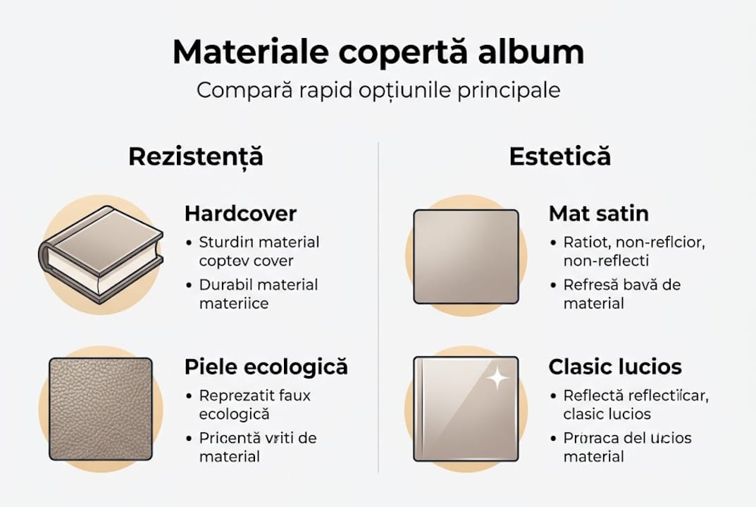 Infografic despre tipurile de materiale folosite pentru coperțile albumelor foto