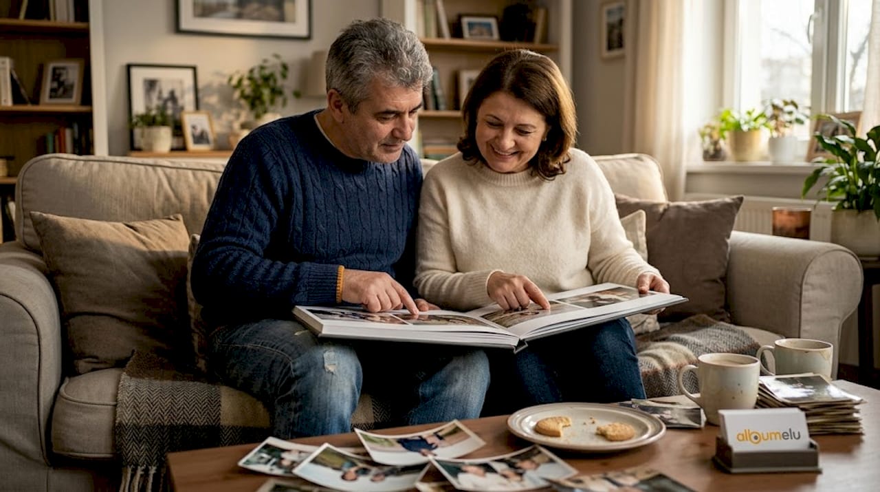 Un cuplu răsfoiește împreună un album foto, rememorând momentele surprinse de-a lungul anilor.