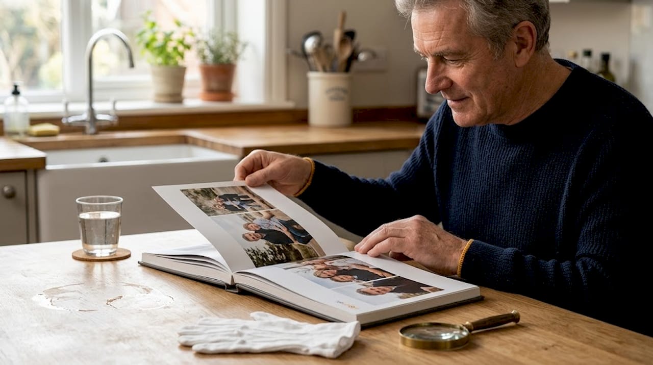 Un bărbat răsfoiește un album cu fotografii așezat pe masă.