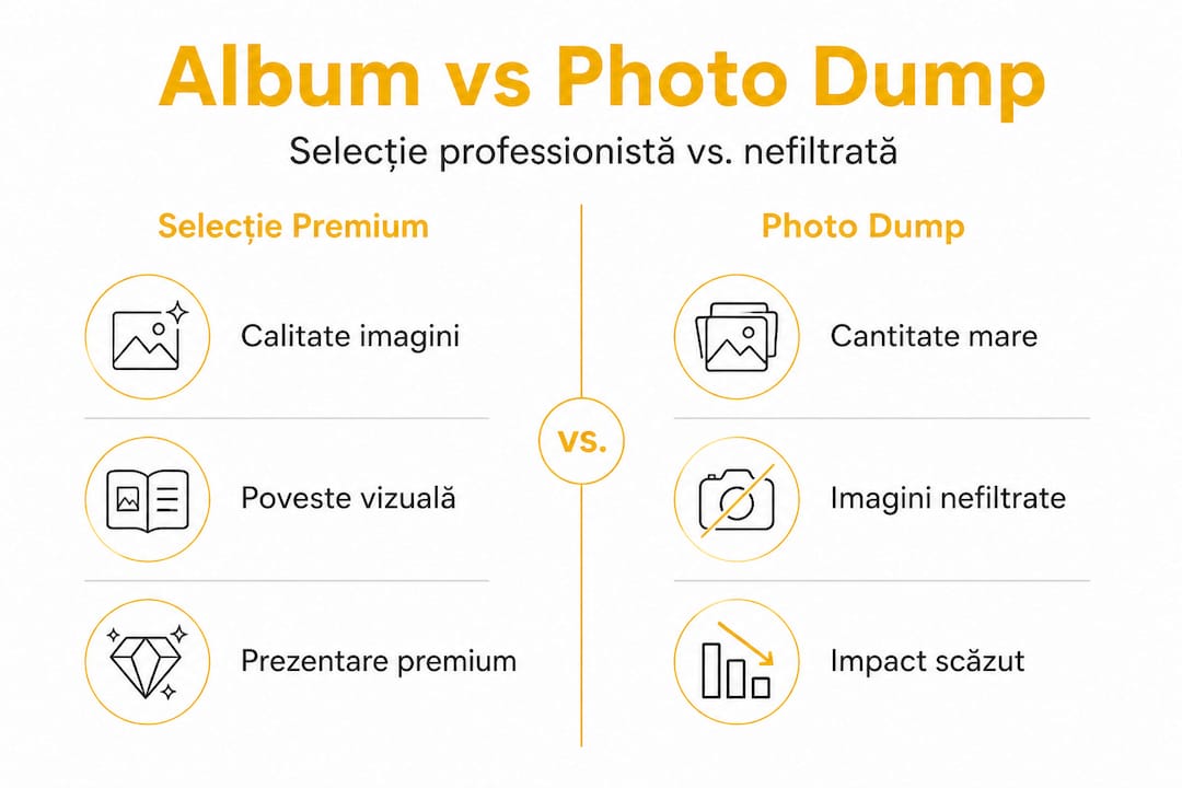 Infografic: diferențele dintre un album foto premium și un photo dump