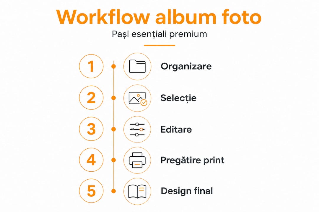 Infografic: pașii esențiali în procesul de editare a fotografiilor pentru un album premium