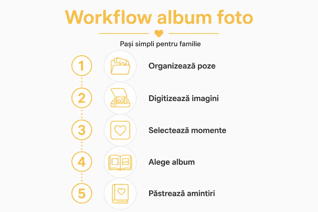 Infografic – pașii realizării unui album foto de familie, format vertical