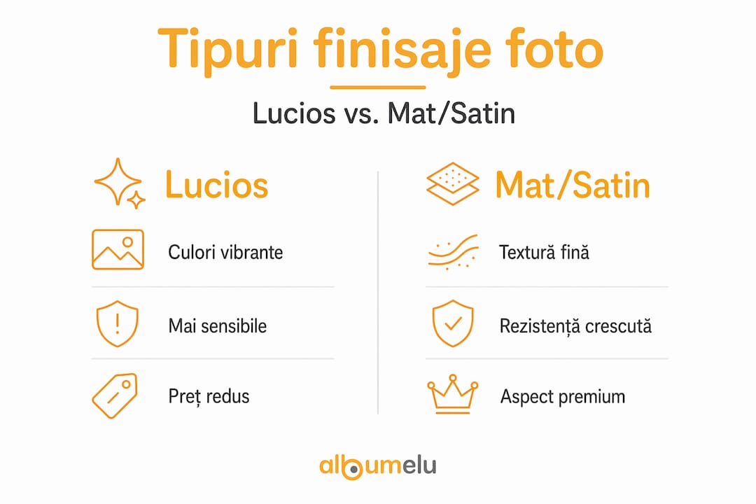 Infograficul prezintă diferențele dintre finisajul lucios și cel mat satin, pentru a te ajuta să alegi varianta potrivită.