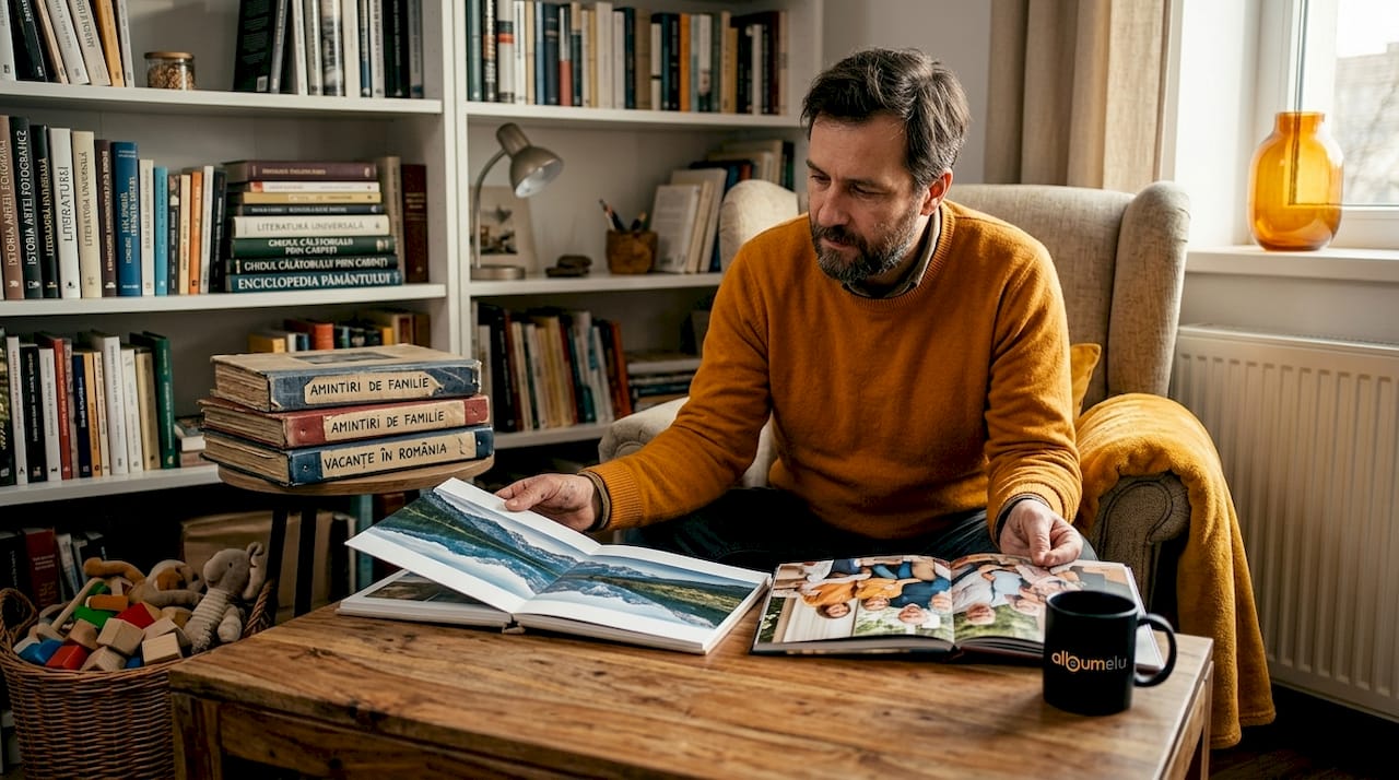 Un bărbat analizează diferite tipuri de finisaje premium pentru albume foto, așezate pe măsuța de cafea din living.