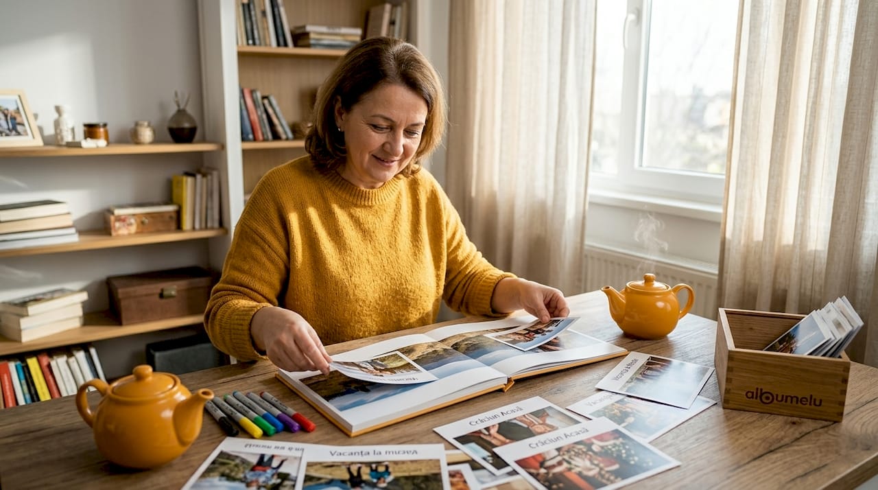 O femeie așază cu grijă fotografiile în album, pregătindu-le să rămână amintiri de suflet.