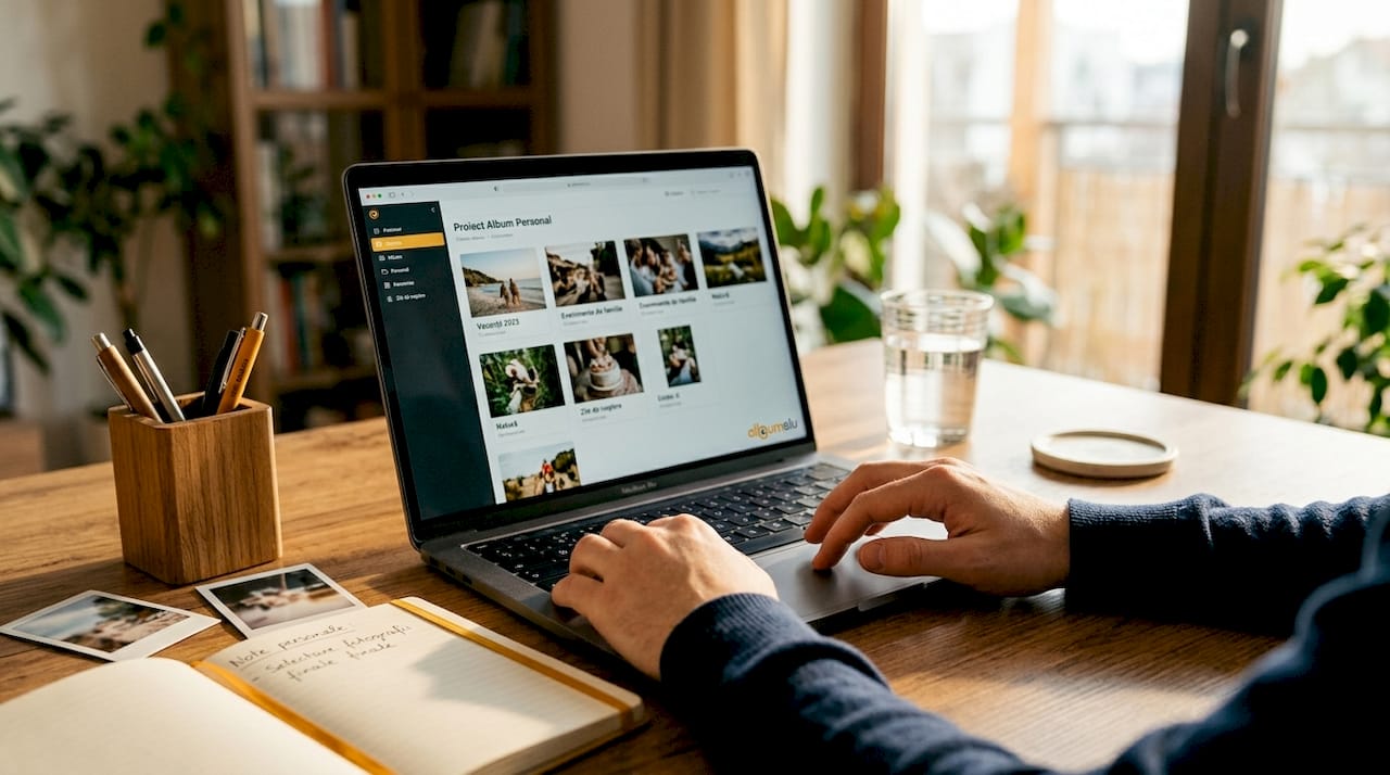 Mâini care sortează și aranjează poze digitale pe laptop