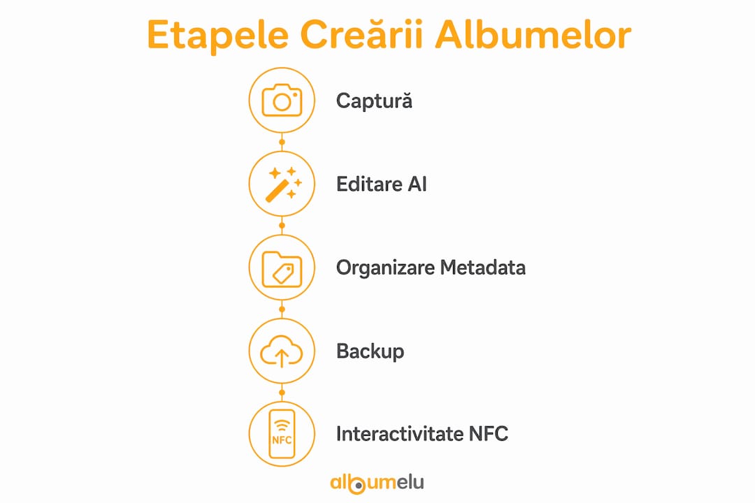 Infografic care prezintă etapele realizării unui album digital modern