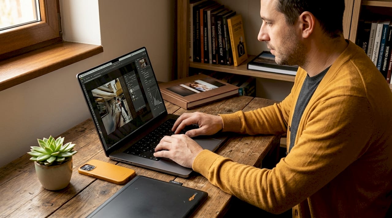 Un bărbat retușează fotografii pe laptop folosind instrumente inteligente bazate pe inteligență artificială.