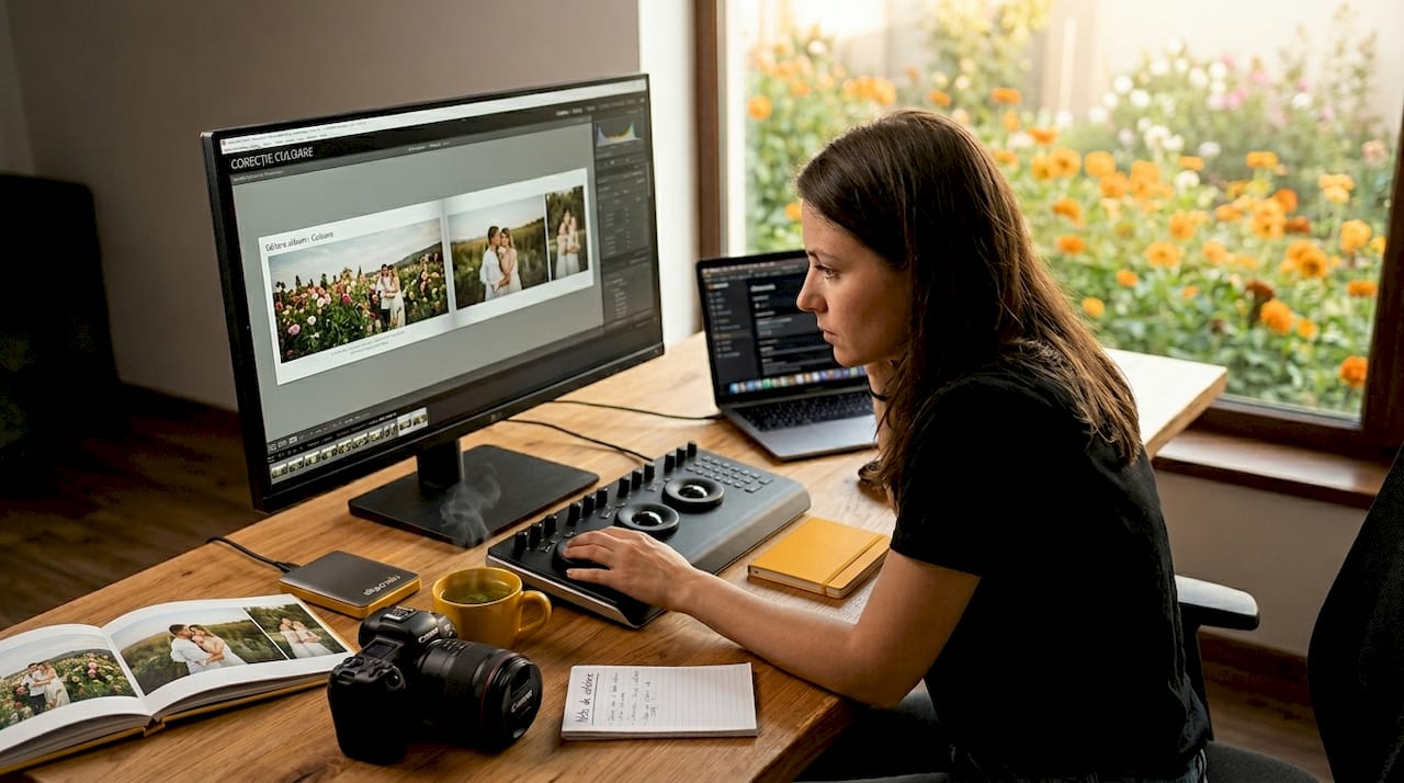 Fotograf la biroul de acasă, lucrând la editarea unui album foto digital.