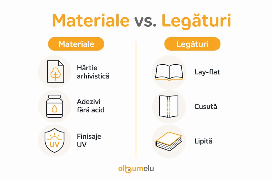 Infografic: comparație între materialele și tipurile de legături folosite la albumele foto rezistente în timp