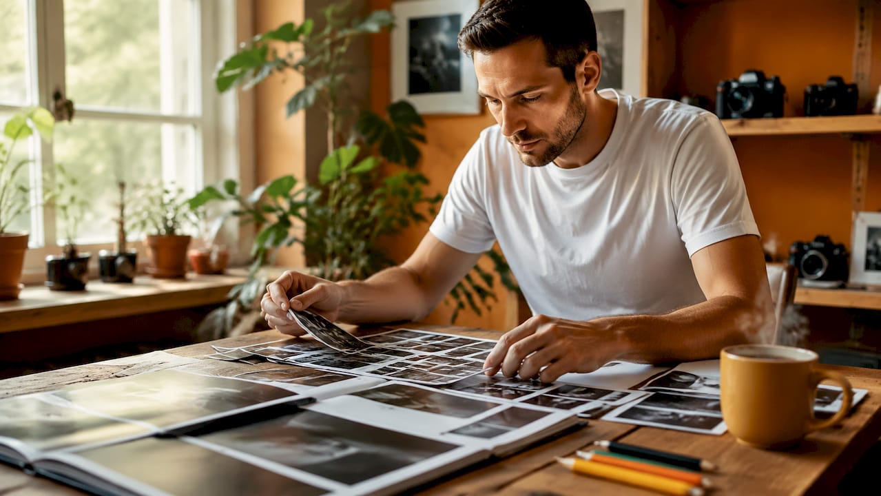 Un fotograf își alege cu grijă fotografiile tipărite, răsfoindu-le pe birou și sortându-le după preferințe.