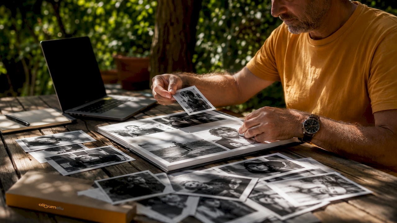 Mâini care retușează fotografii portret alb-negru, aducând la viață detaliile fiecărei imagini.