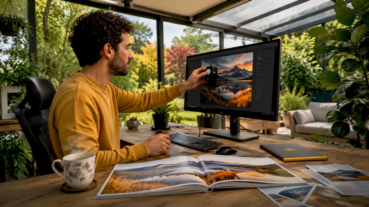 Un designer ajustează culorile monitorului pentru ca albumul foto să arate perfect.